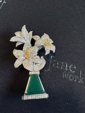Silver Floral Bouquet Brooch with Green Enamel Vase